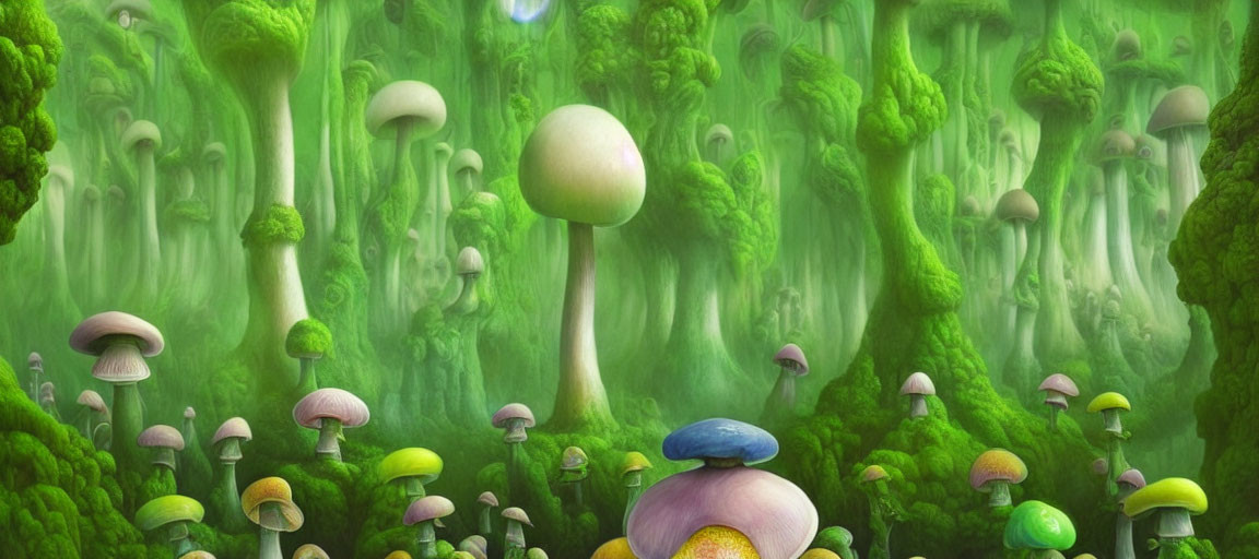 Colorful oversized mushrooms in a mystical forest setting