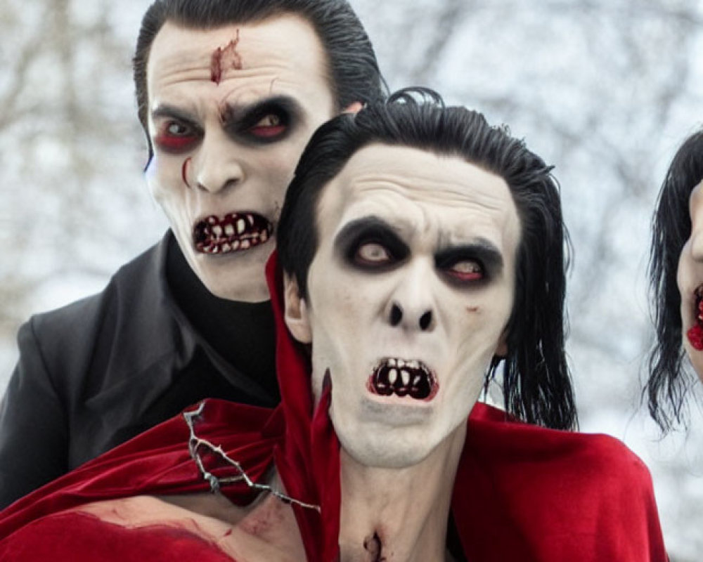 Three individuals in vampire costumes with pale makeup and fangs standing against blurred background