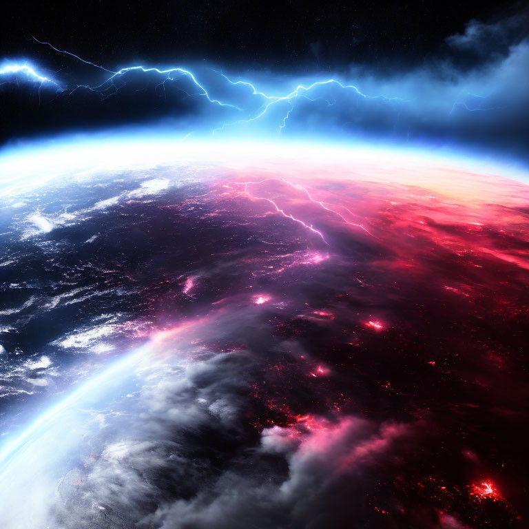 Vivid Earth from Space: Blue Storms, Red Glowing Areas