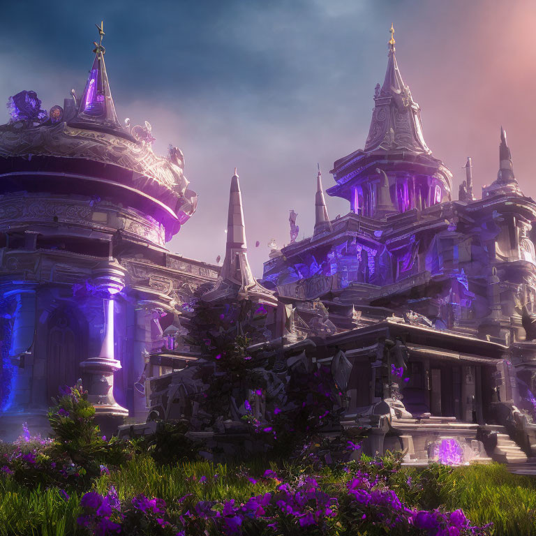 Ornate spired palace with purple lights in serene landscape