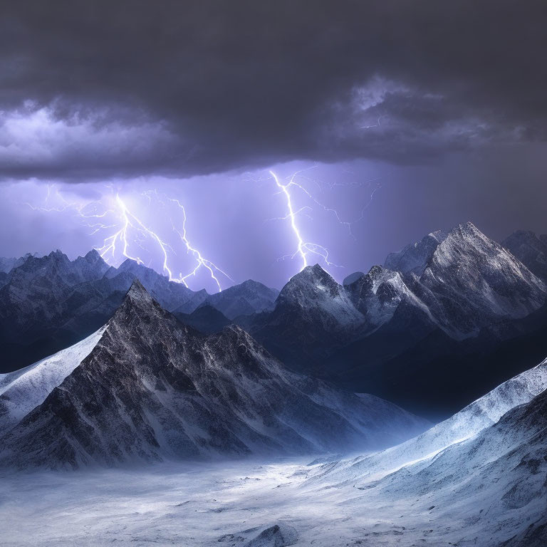 Stormy skies over snow-covered mountains with lightning bolts.