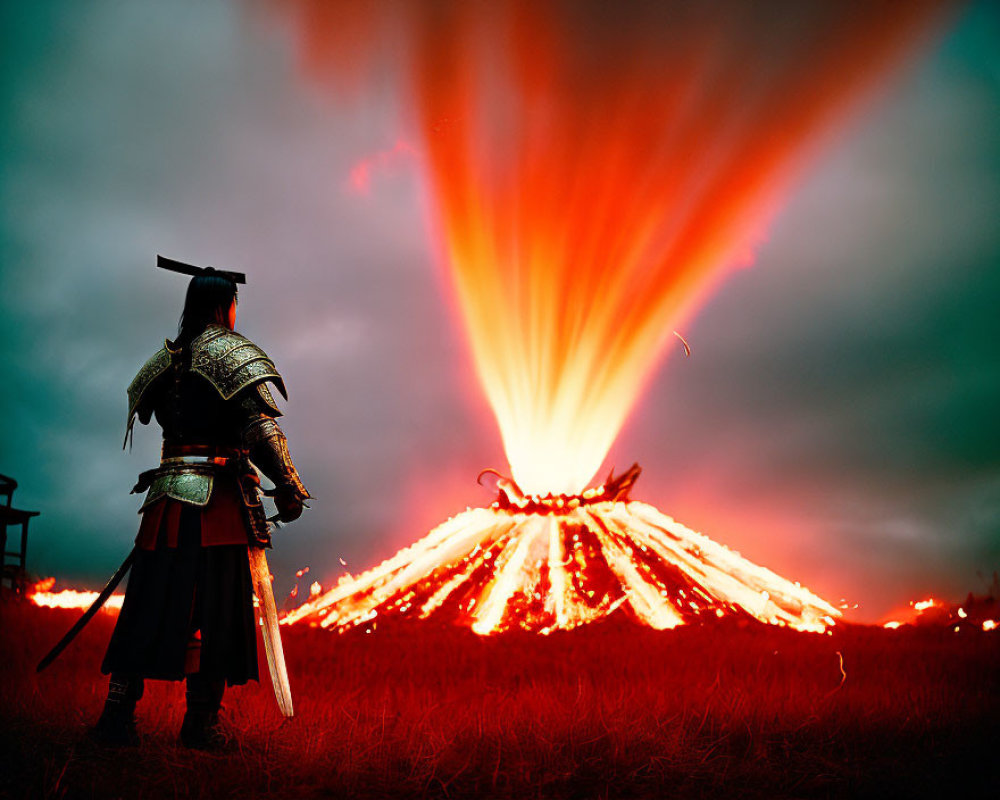 Samurai in traditional armor gazes at volcanic eruption at dusk