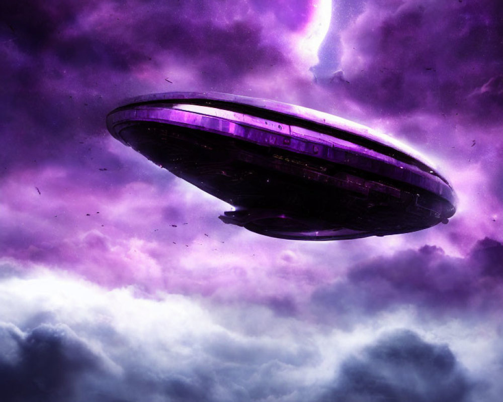 Futuristic UFO under stormy purple sky with celestial bodies - Science Fiction Scene