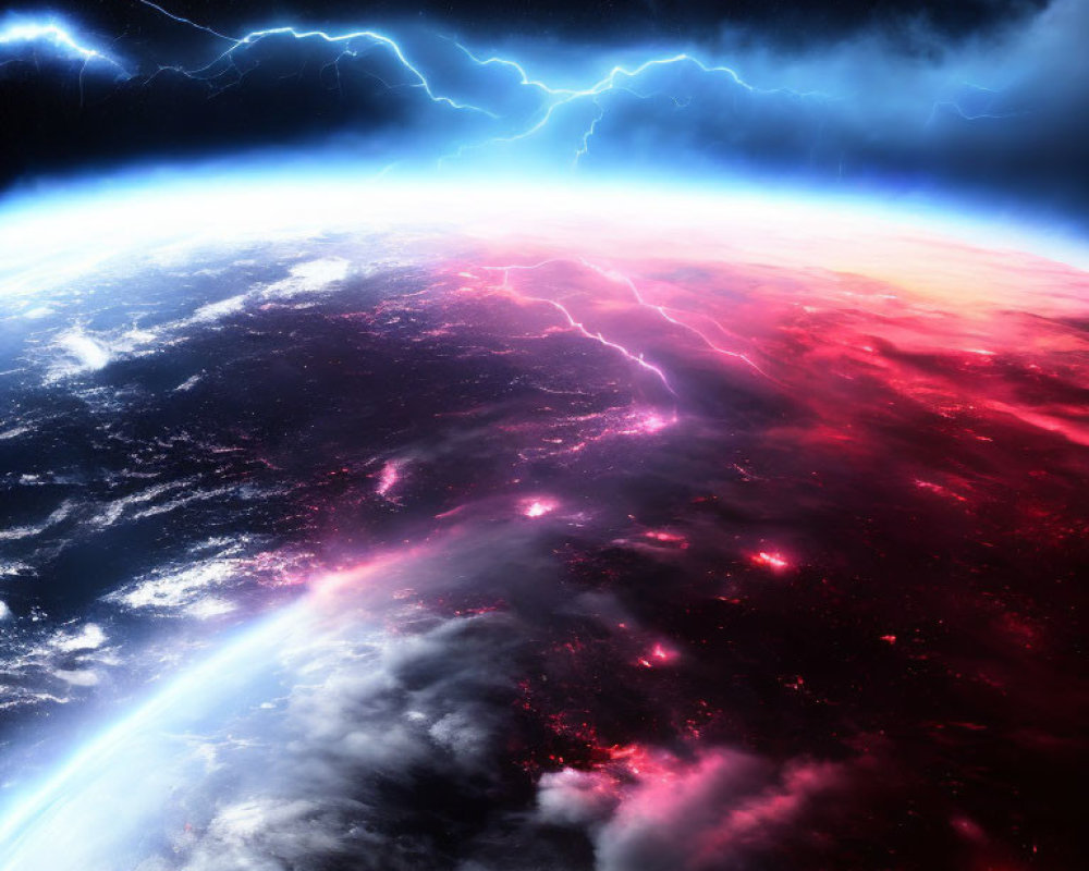 Vivid Earth from Space: Blue Storms, Red Glowing Areas