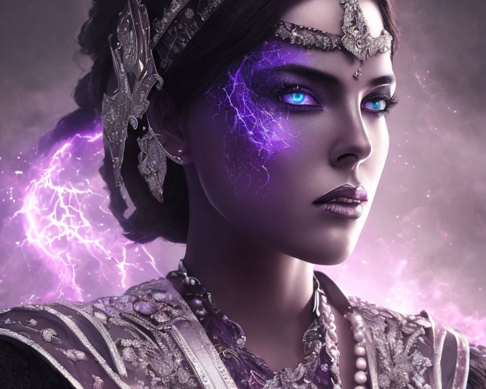 Digital artwork: Woman with violet eyes in silver jewelry amid swirling purple lightning