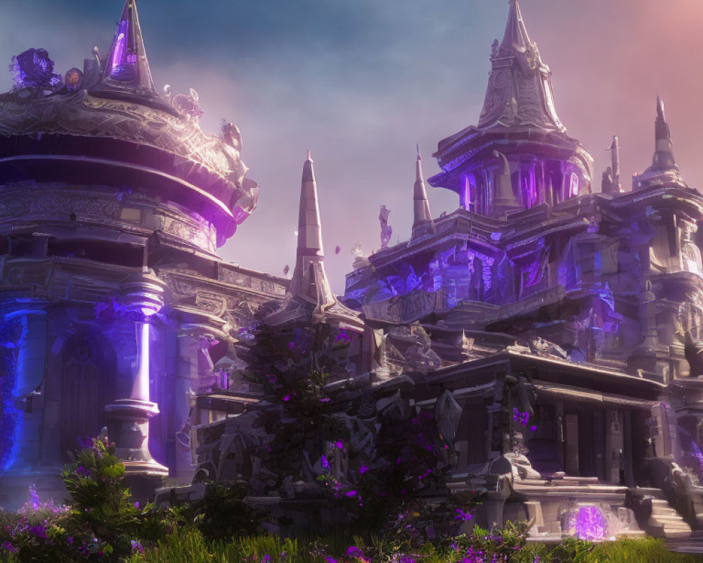 Ornate spired palace with purple lights in serene landscape