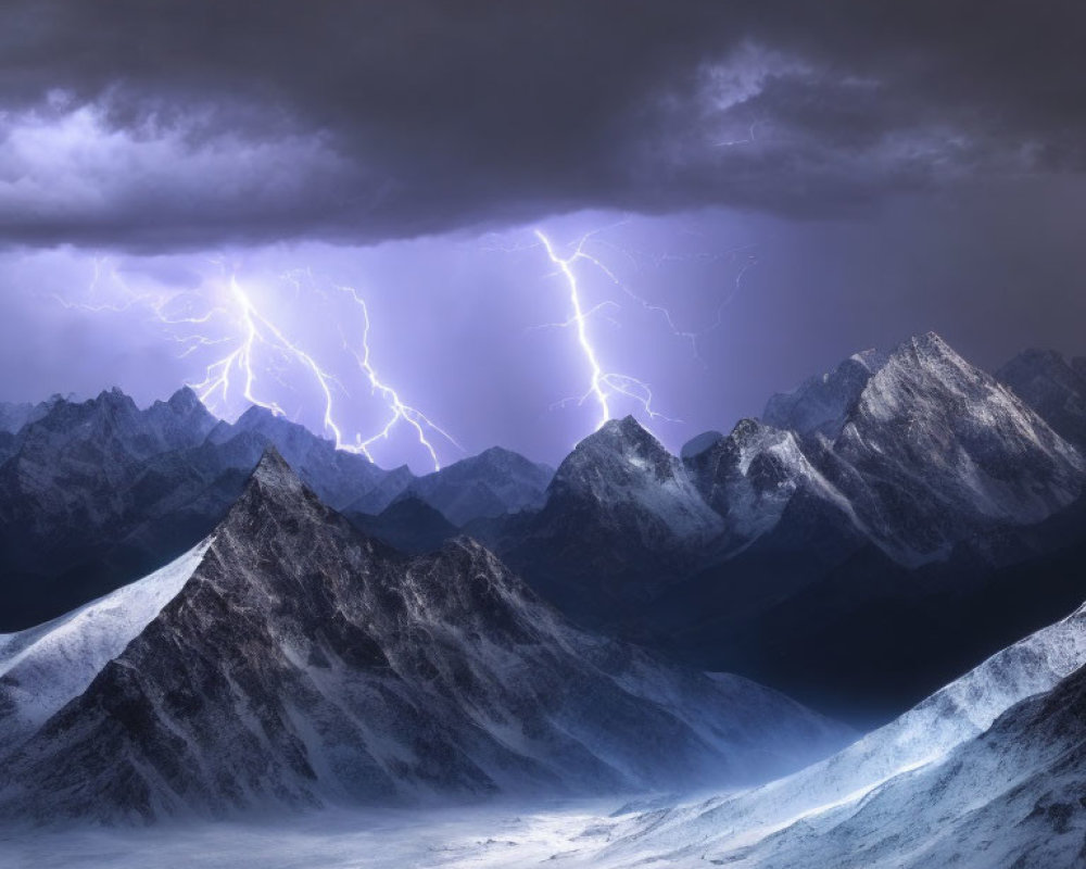 Stormy skies over snow-covered mountains with lightning bolts.