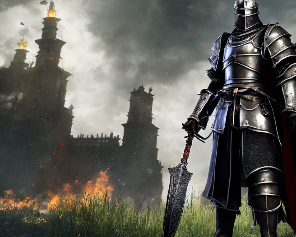 Armored knight with sword and shield in front of burning castle