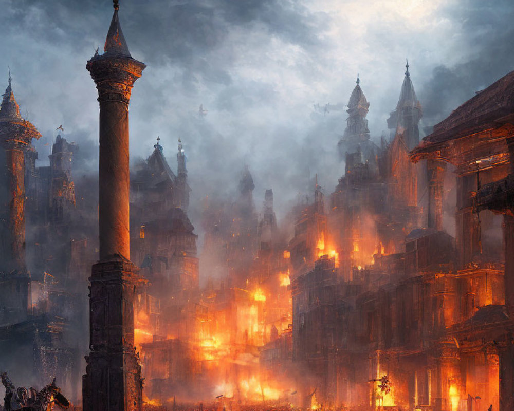 Burning ancient city at night with lone knight and fleeing figures