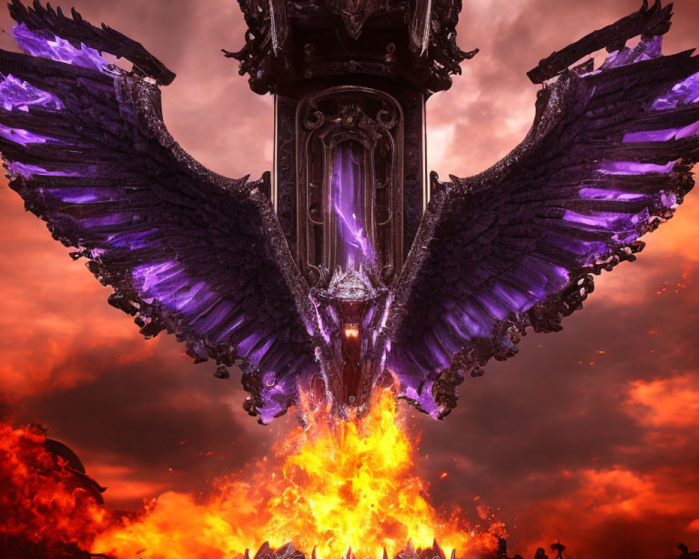 Dark ornate structure with purple wings in fiery sky.