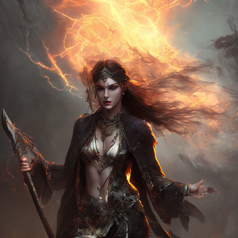 Fantasy female warrior with spear and jewelry in stormy setting
