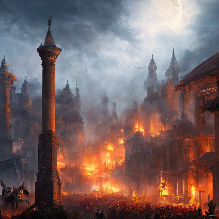 Burning ancient city at night with lone knight and fleeing figures