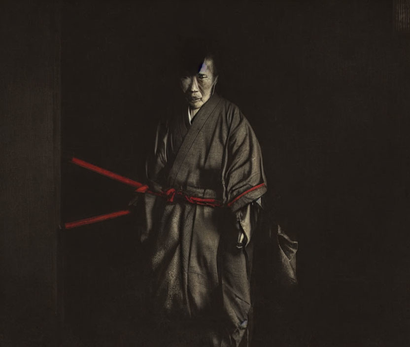 Traditional clothing figure with red sash in dimly lit ambiance