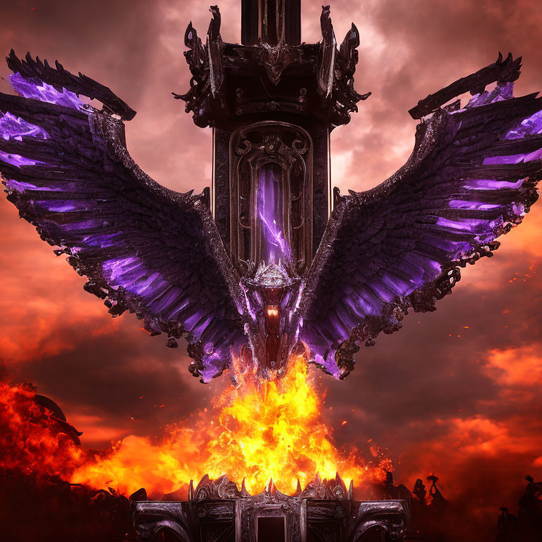 Dark ornate structure with purple wings in fiery sky.