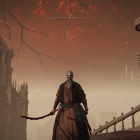 Cloaked figure on bridge in dystopian landscape with gothic architecture and red lightning sky