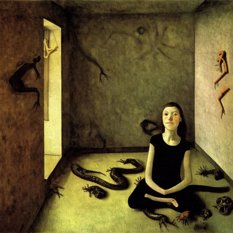 Surreal painting of woman with elongated face and shadowy creatures