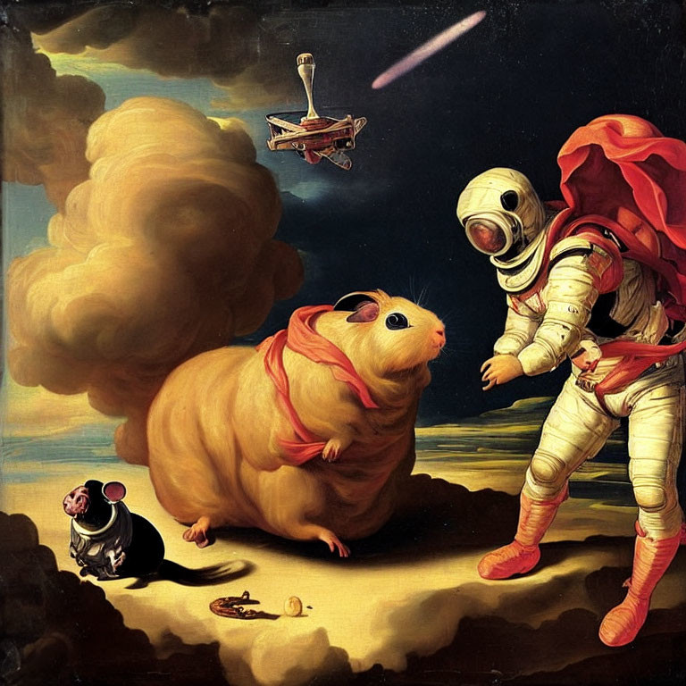 Astronaut with giant hamster, small mouse, comet, and hovering sword in surreal space scene