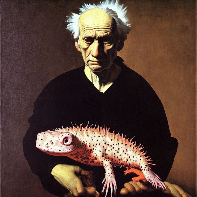 Elderly man holding colorful iguana against dark background
