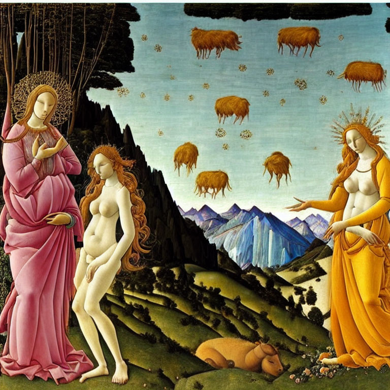 Renaissance painting with Virgin Mary, Eve, and golden bovines