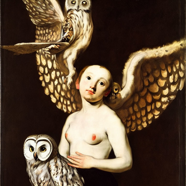 Surreal painting of figure with owl body and wings, human face, chest, with two ow