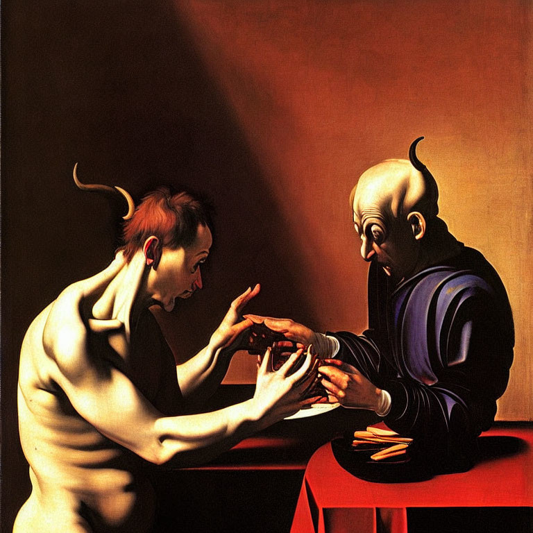 Satirical painting of two figures in intense interaction with dramatic shadow