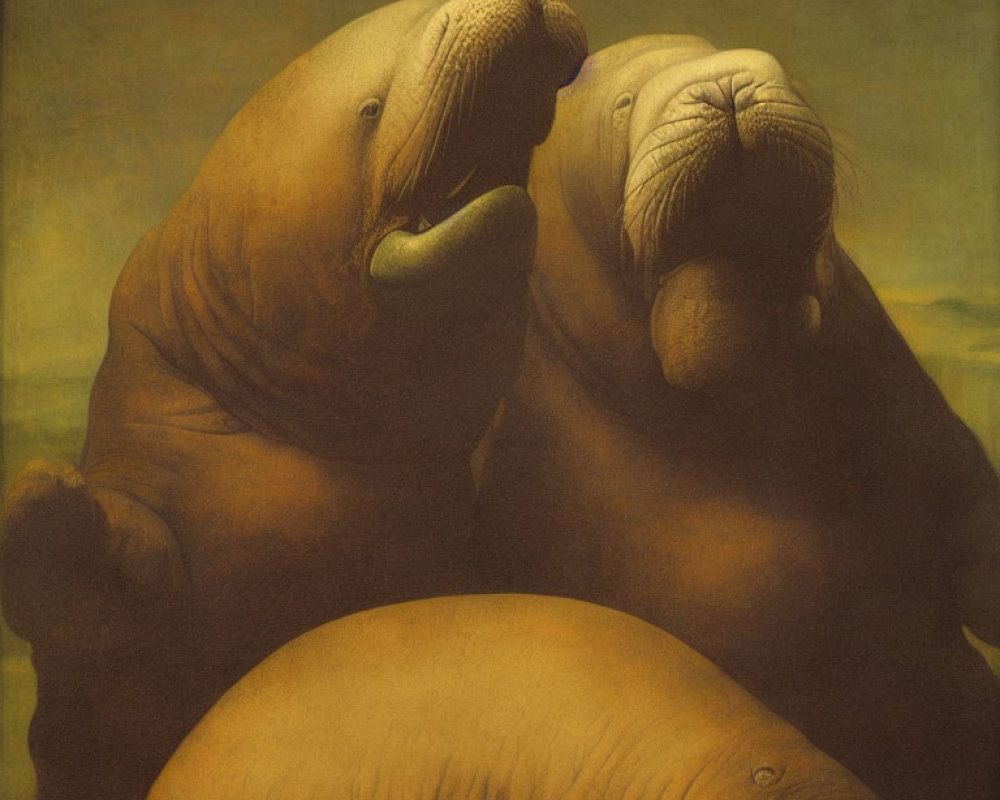 Walruses with humanoid features embrace in sepia-toned setting