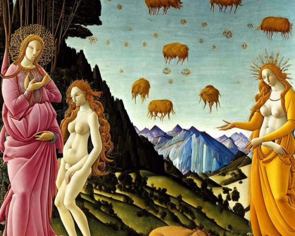Renaissance painting with Virgin Mary, Eve, and golden bovines