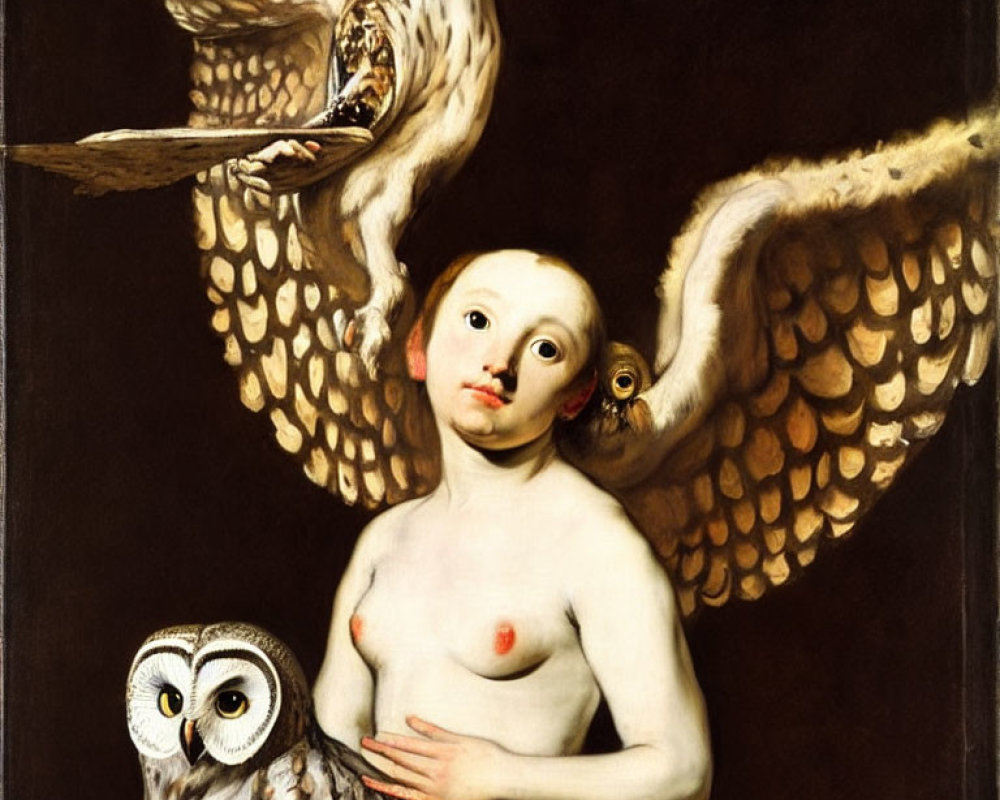 Surreal painting of figure with owl body and wings, human face, chest, with two ow