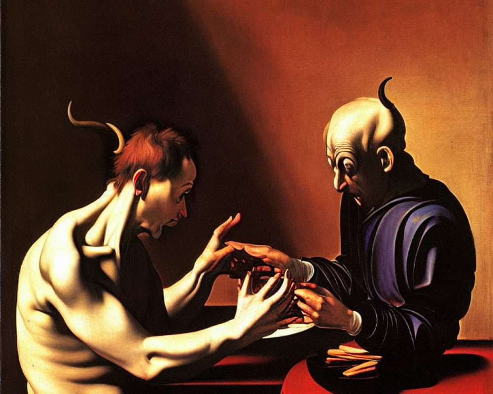 Satirical painting of two figures in intense interaction with dramatic shadow
