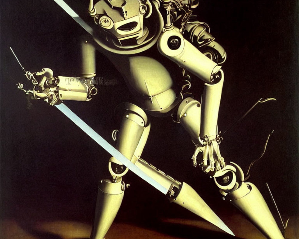 Detailed humanoid robot wielding two swords in dynamic pose against dark background