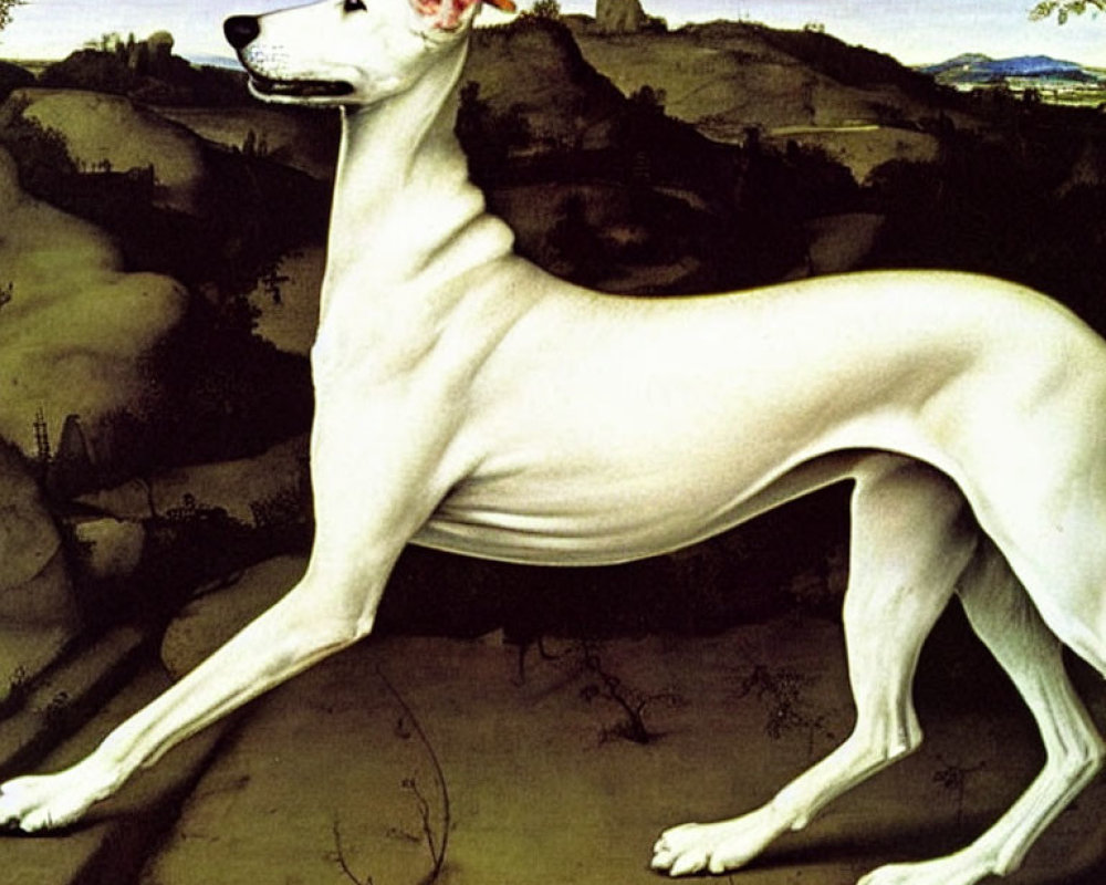 White slender dog with pointed ears in classic pose on grassy landscape.