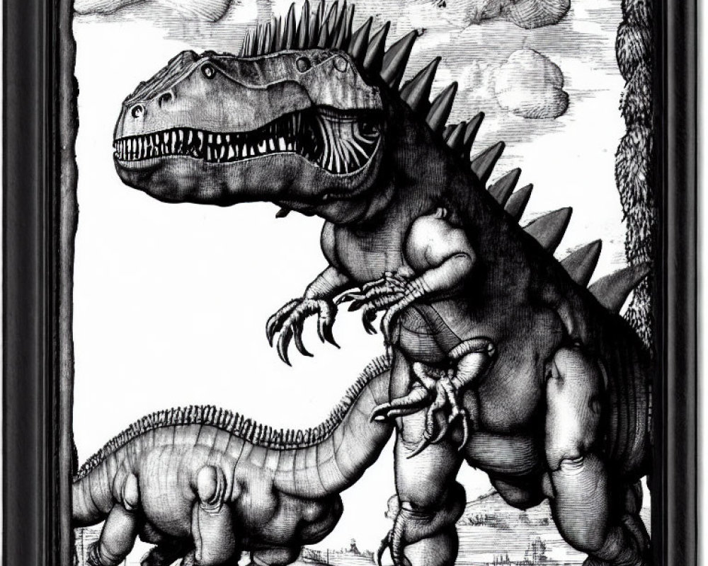 Detailed Etching Style Illustration of Two Large Dinosaurs in Prehistoric Setting