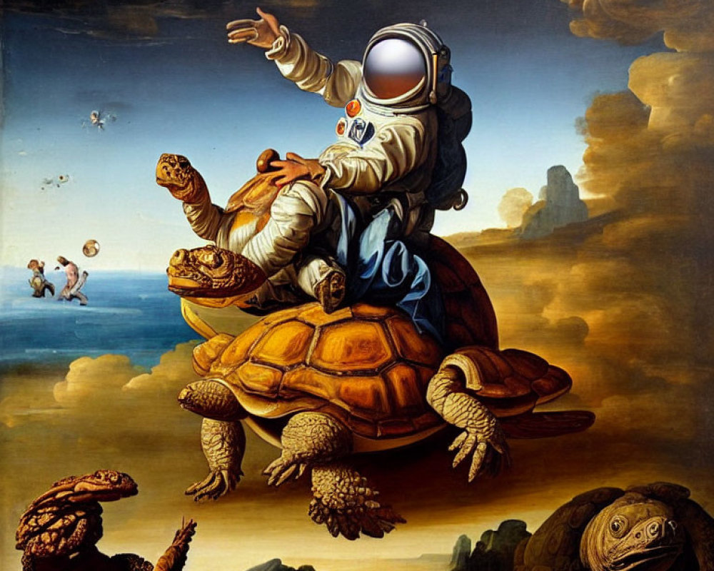 Astronaut on flying turtle collects coins in classical baroque scene