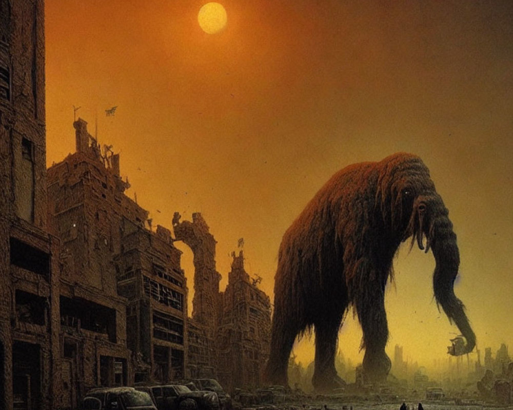 Apocalyptic cityscape with massive shaggy creature and orange sky.
