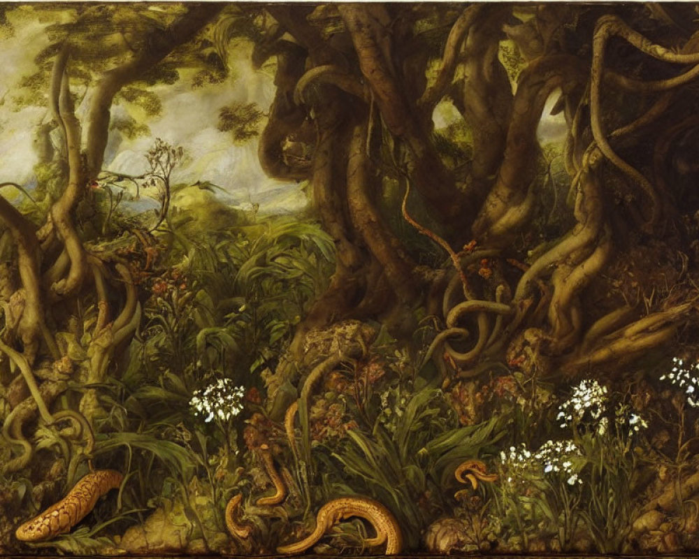 Intertwined trees and serpents in dense forest setting