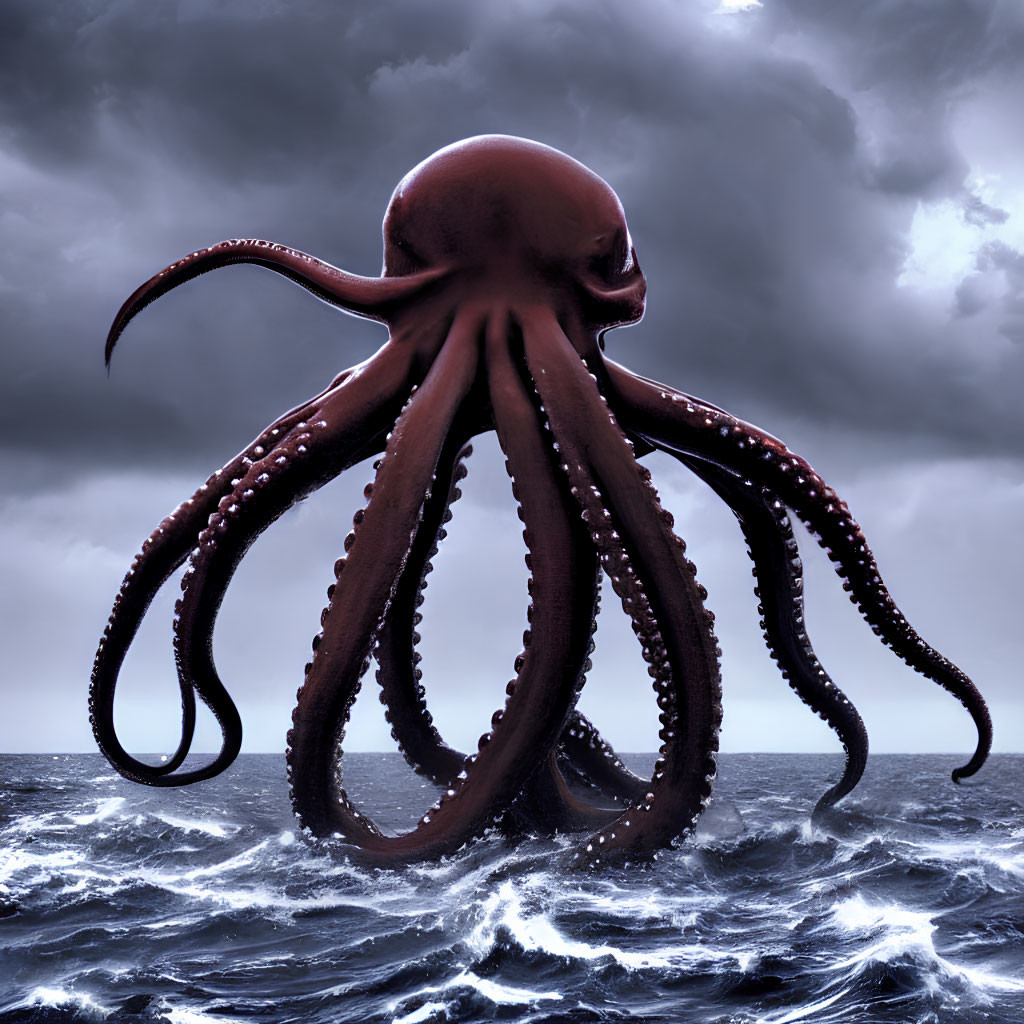 Giant Octopus Emerges from Turbulent Ocean Waters in Stormy Sky