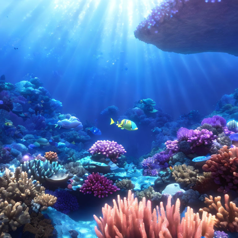 Vibrant coral reef teeming with marine life under sunlight