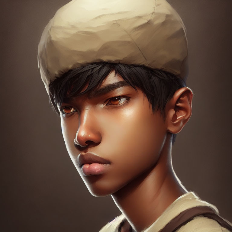 Serious young person in cap and white shirt against brown background