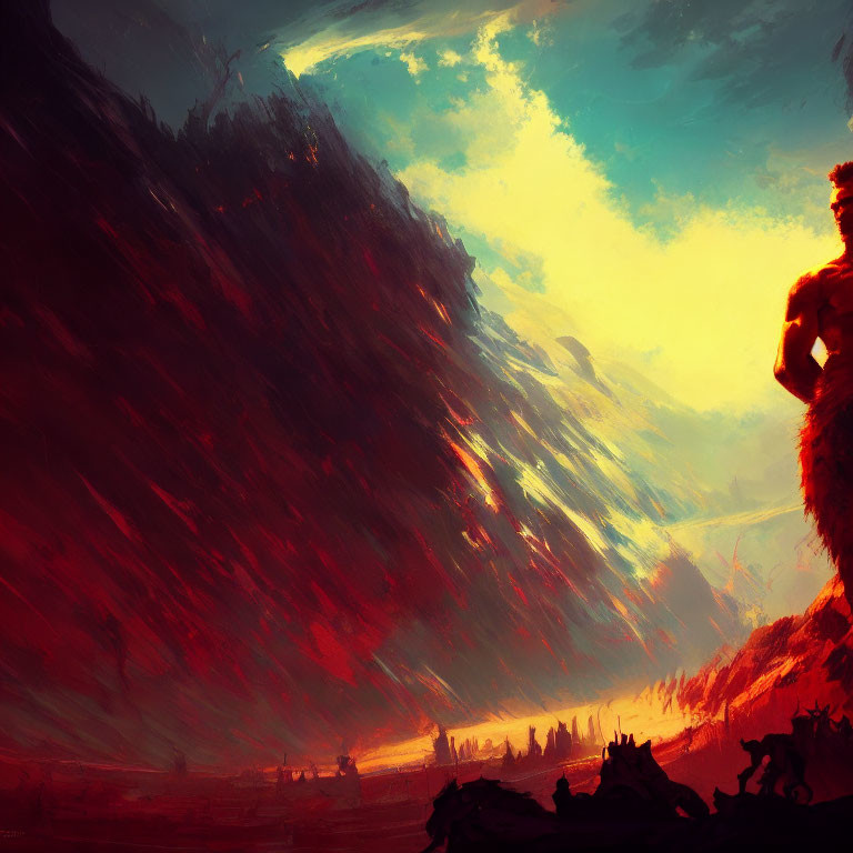 Colorful landscape painting with silhouette of person and smaller figures in fiery backdrop