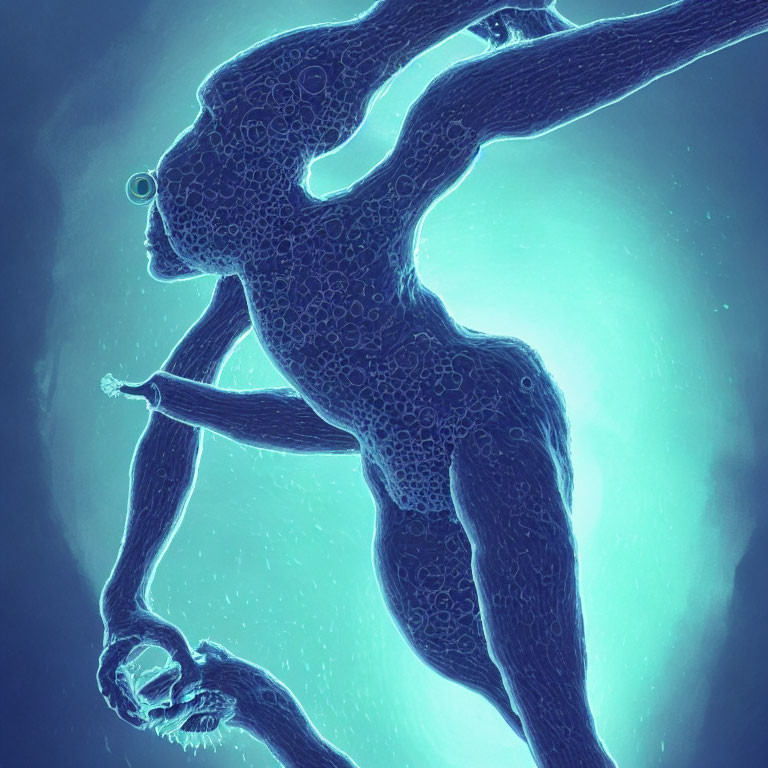 Surreal humanoid figure with textured skin in dynamic pose on glowing blue backdrop