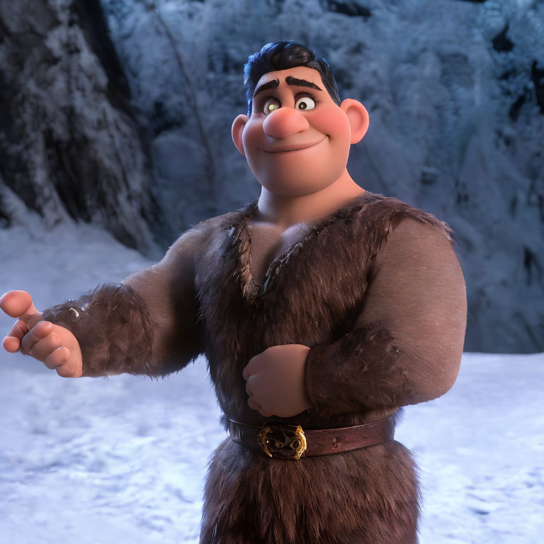 Smiling animated character in fur tunic against icy cave background