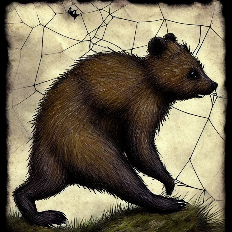 Dark Brown Bear Creature in Hunched Pose Under Spider Web