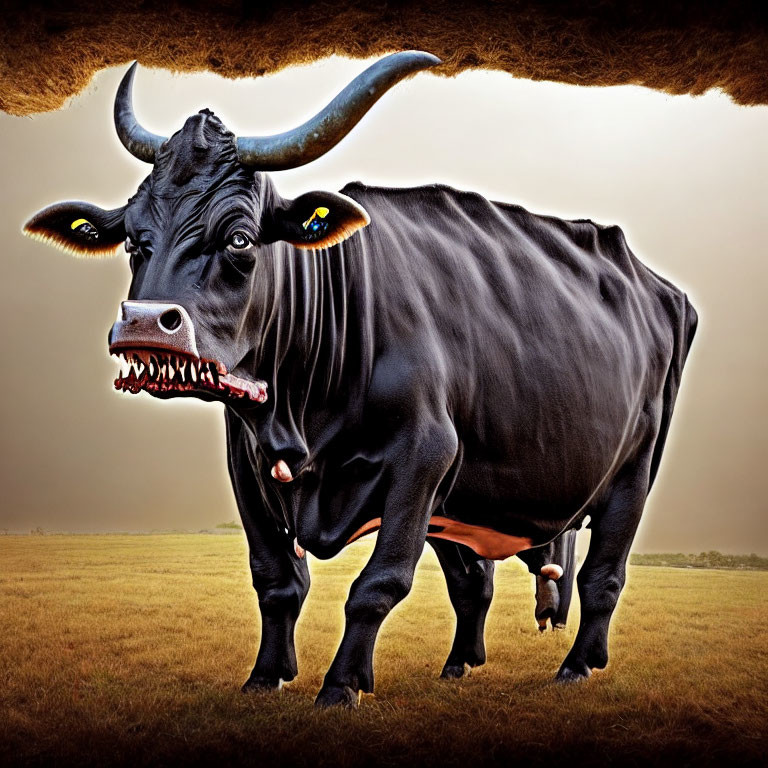 Black Bull with Exaggerated Sharp Horns in Dramatic Field Setting