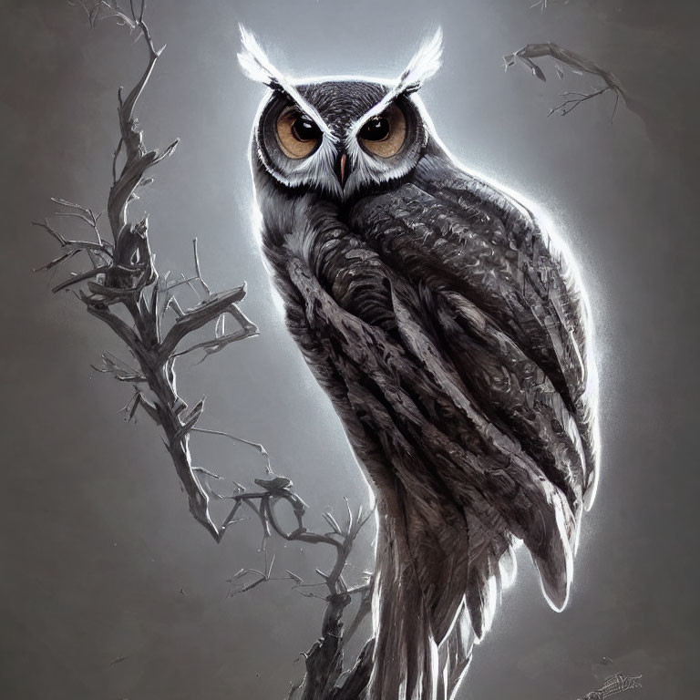 Realistic owl perched on branch with piercing eyes in gray background
