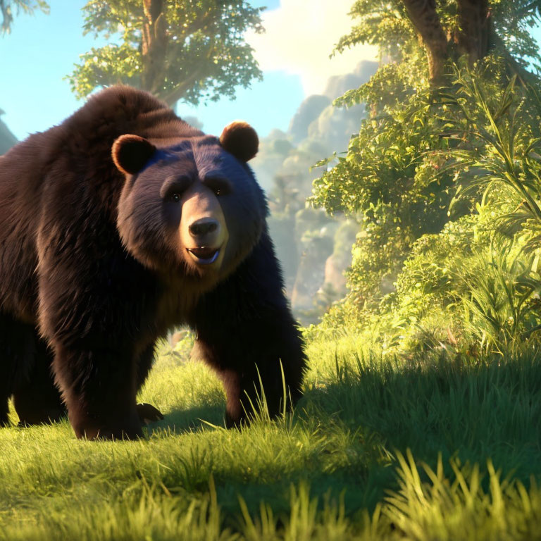 Friendly 3D Animated Bear in Sunlit Forest Clearing
