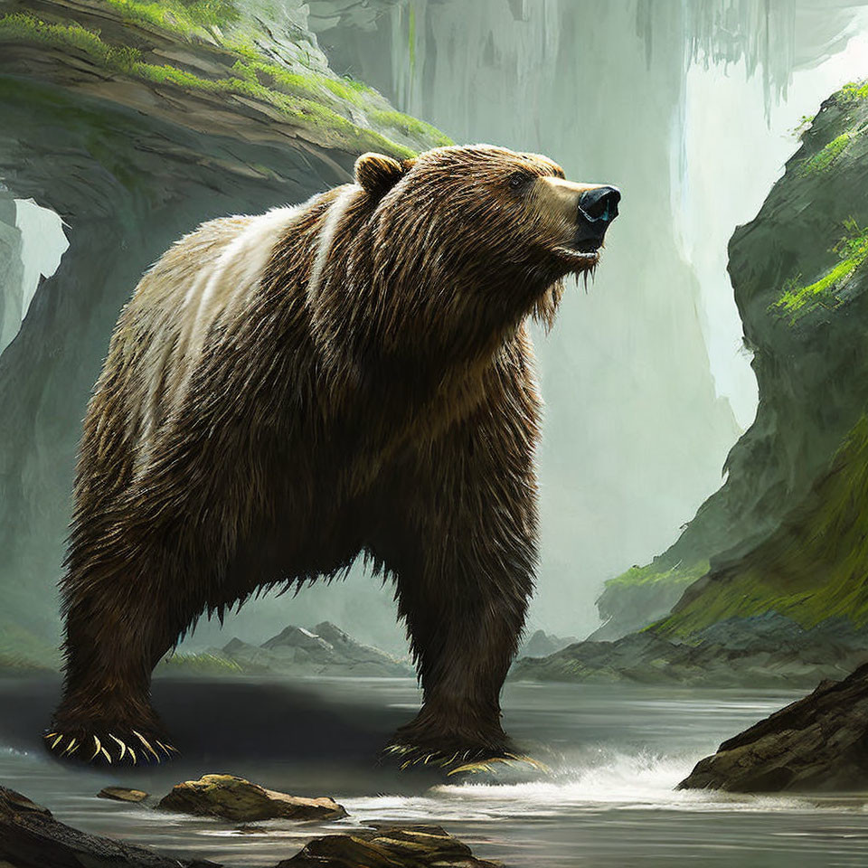 Brown bear in lush forest canyon with waterfall scenery