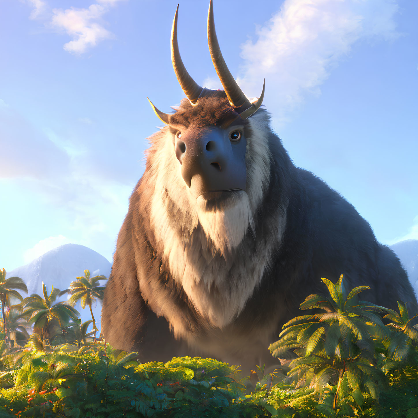 Animated Furry Creature with Horns in Sunny Jungle Environment
