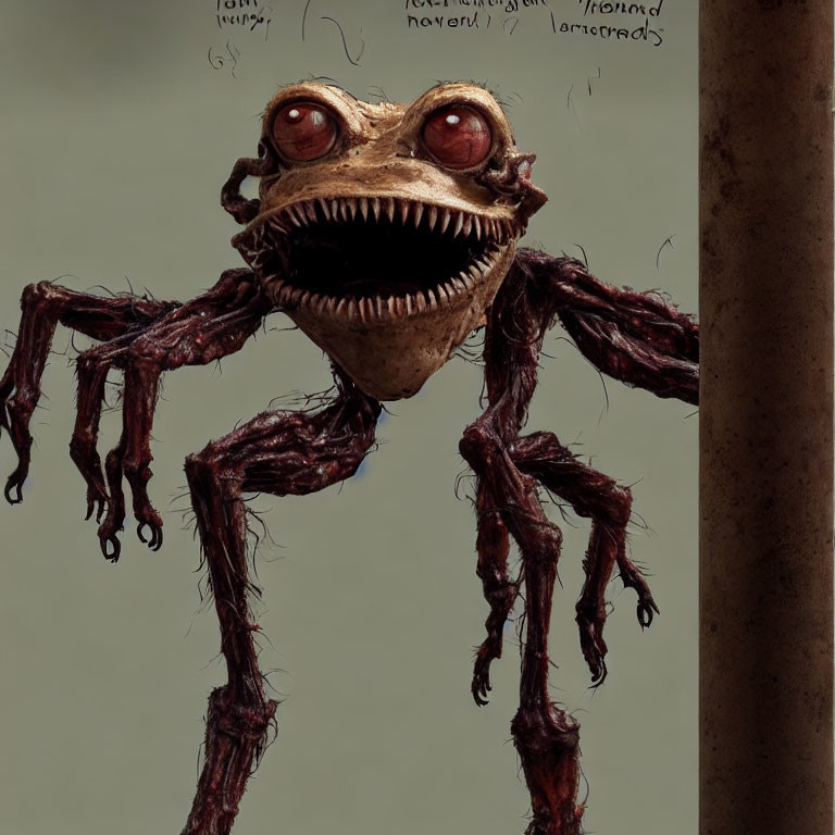 Creature illustration: wide-mouthed, large-eyed, slender-limbed monster resembling a twisted frog.
