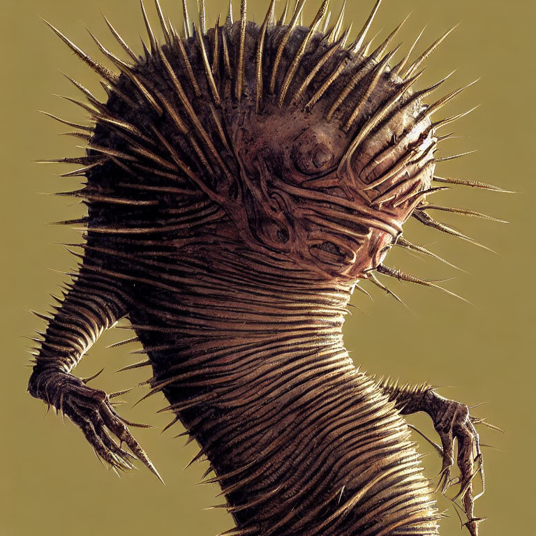 Detailed Illustration: Spiky Creature with Eerie Eyes and Clawed Fingers on Muted