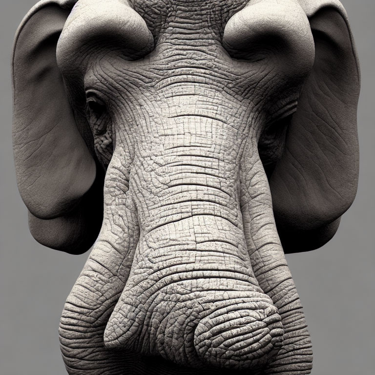 Detailed Close-up of Elephant's Textured Face with Ears and Trunk on Grey Background